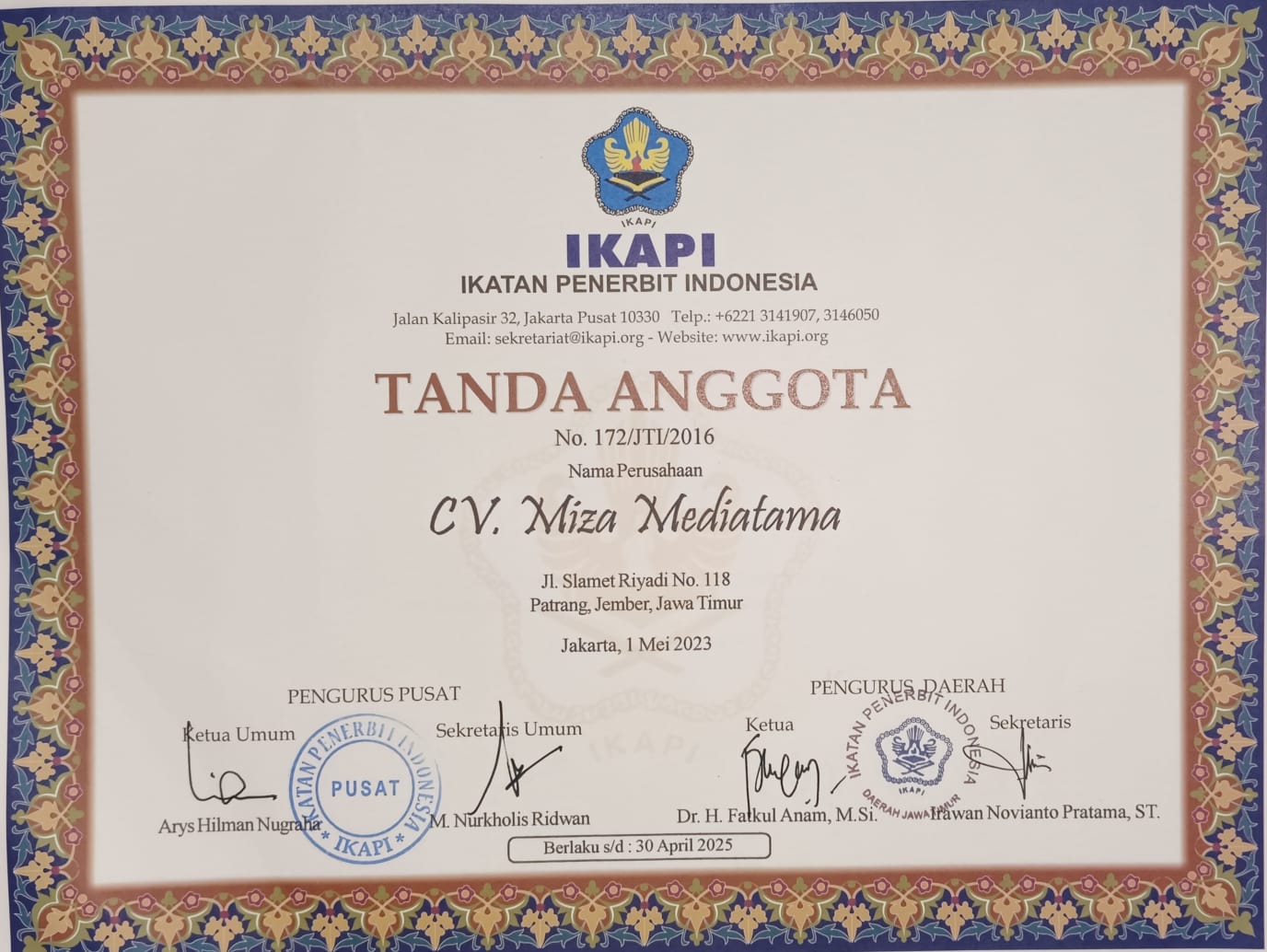 Sertifikat keanggotaan IKAPI CV Miza Mediatama